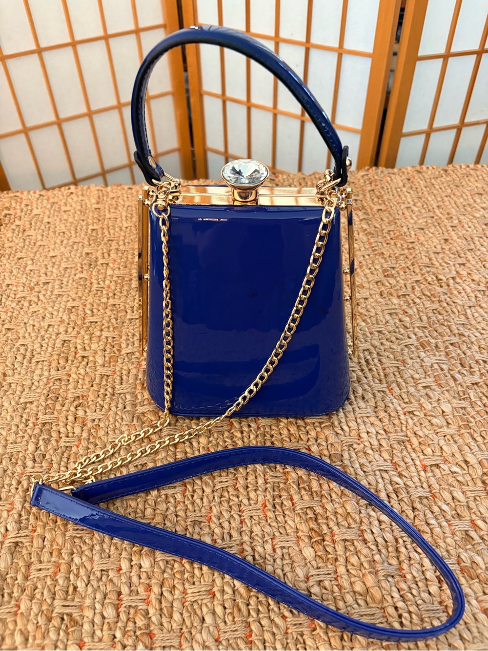 Stunning Blue Patent Mini Hand Bag Rhinestone Accents Gold Removable Chain Strap